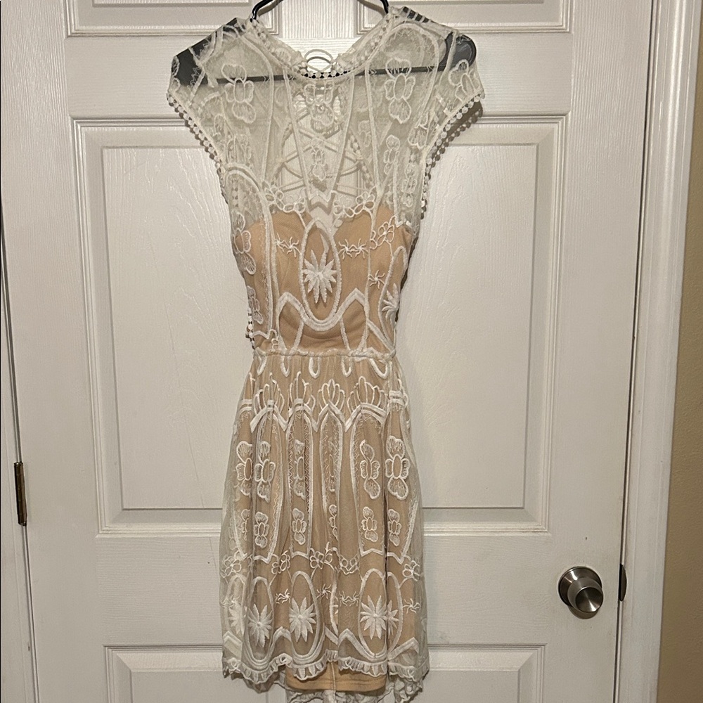 Charlotte Russe Cream Lace Overlay Mini Dress with Nude Lining